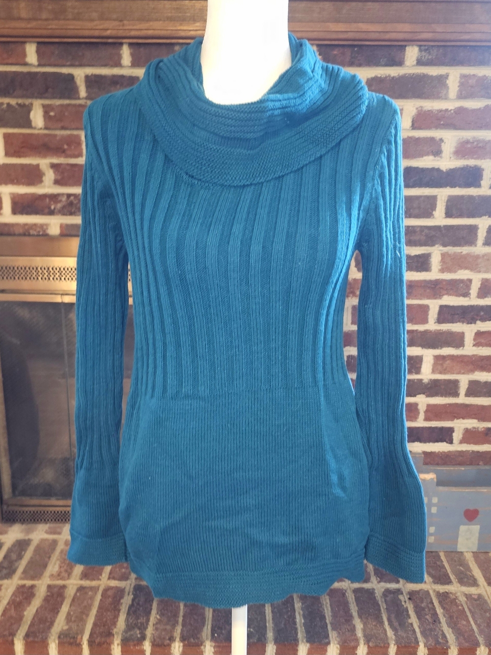 Jones New York Teal Ribbed Cowl Neck Sweater